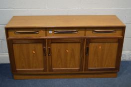 A G PLAN FRESCO TEAK SIDEBOARD with three drawers, width 142cm x depth 45cm x height 77cm