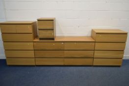 FOUR MATCHING STYLE LIGHT OAK FINISH CHEST OF DRAWERS, to include a sideboard/chest of six