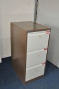 A BISLEY THREE DRAWER METAL FILING CABINET with one key and tilt lock drawers, 47cm wide 63cm deep