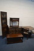 A QUANTITY OF OAK FURNITURE to include a gate leg table with two ladderback chairs, lead glazed