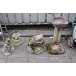 A LARGE COMPOSITE GARDEN ORNAMENT in the form of a frog 42cm high, a Bird Bath and three smaller