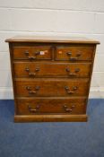 A GOOD QUALITY REPRODUCTION OAK CHEST OF TWO SHORT OVER THREE LONG DRAWERS, with swan neck