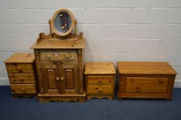 FIVE VARIOUS PIECES OF PINE FURNITURE, to include a washstand with a single drawer, width 71cm x