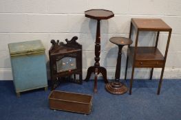 A VICTORIAN MAHOGANY TORCHERE STAND, on a reeded support, height 63cm along with a square mahogany