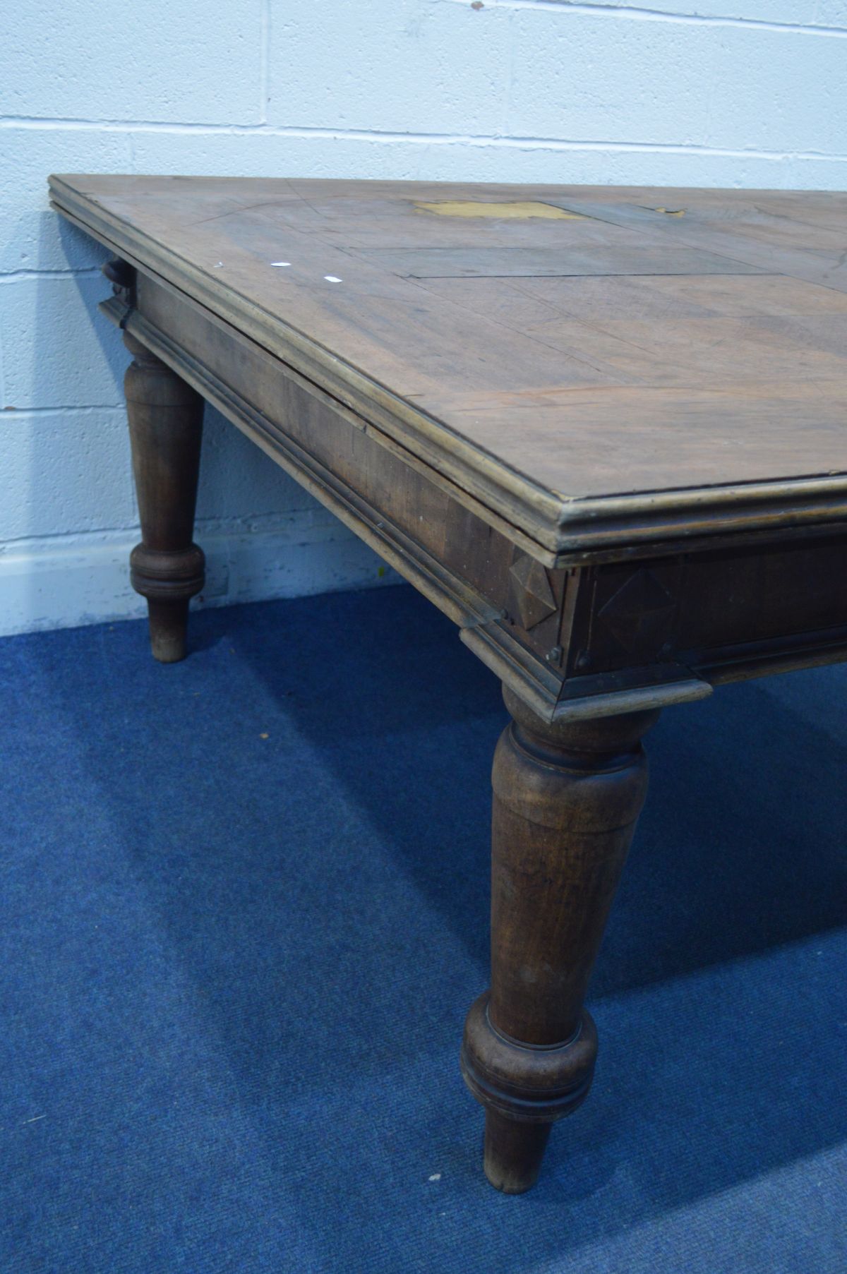 A LARGE FRENCH PARQUETRY TOPPED DRAW LEAF TABLE, on large turned legs, extended length 306cm x - Image 7 of 7