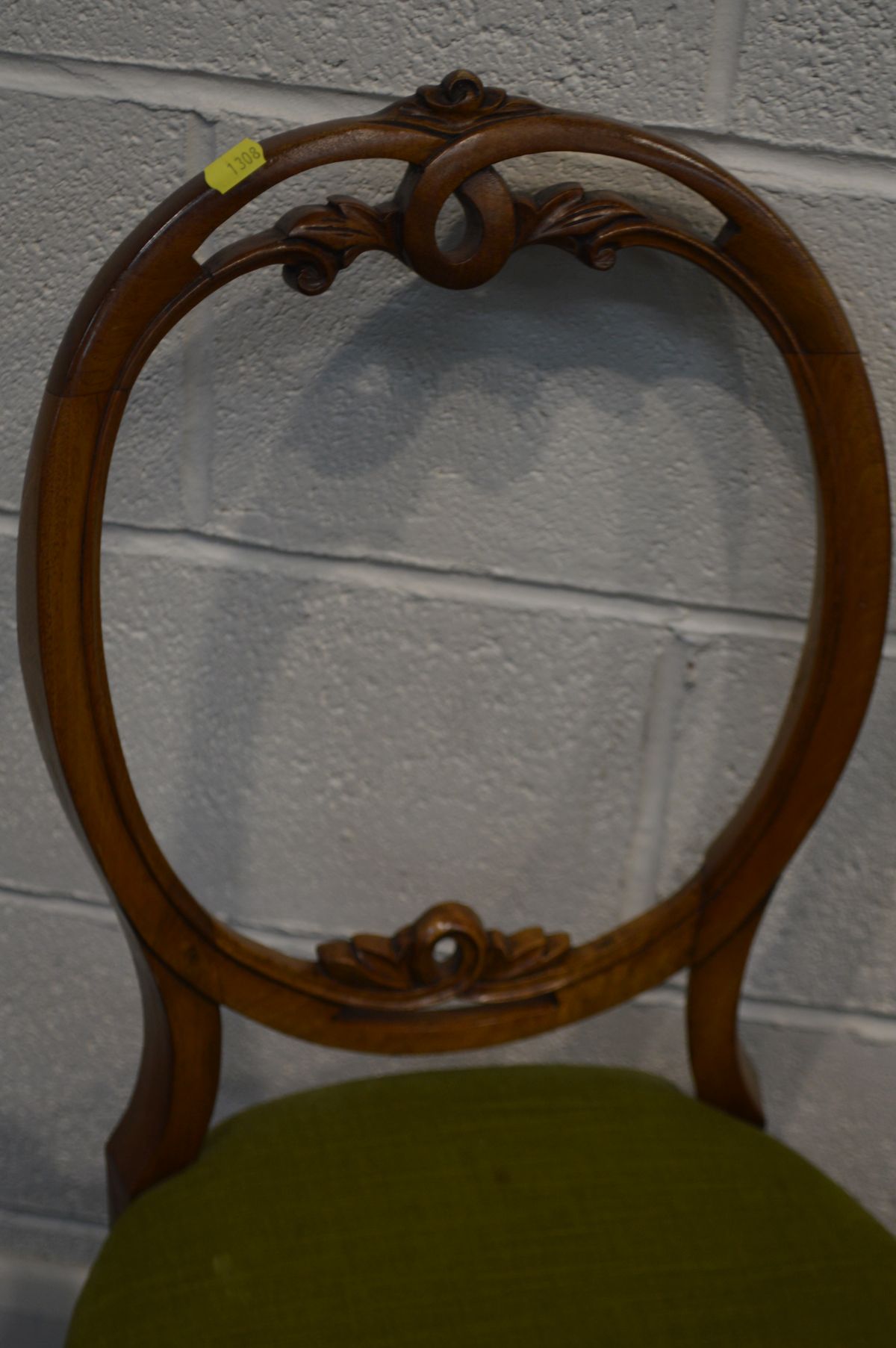 A SET OF SIX VICTORIAN WALNUT BALLON BACK CHAIRS, with foliate cresting rail, green upholstered seat - Image 3 of 4