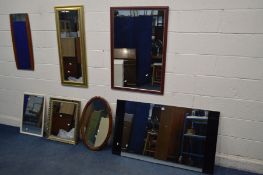 SEVEN VARIOUS WALL MIRRORS, of various sizes, styles and ages, largest mirror size 123cm x 71cm (7)