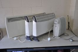 FOUR ELECTRIC HEATERS including a De'Longhi Bambino oil filled radiator, two Glen electric heaters