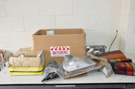 A BOX CONTAINING VINTAGE CAR PARTS including three 1994-2000 Transit Mk3 head lamps, a Cortina Mk5