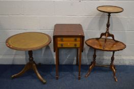 A MAHOGANY DROP LEAFWORK TABLE, with two drawers, along with a yewwood occasional table, wine