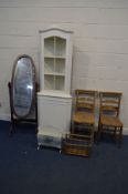 A PAIR OF ELM AND BEECH CHAPEL CHAIRS, along with a painted corner cupboard, mahogany cheval