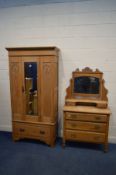 AN EDWARDIAN SATINWOOD TWO PIECE BEDROOM SUITE, comprising a single mirror door wardrobe above a