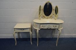 A FRENCH CREAM KIDNEY DRESSING TABLE with a triple mirror, width 92cm x depth 47cm and a bedside