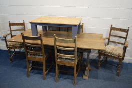 AN OAK REFECTORY TABLE, length 183cm x depth 86cm x height 74cm (dismantled) six chairs and a pine