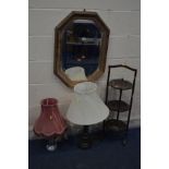 AN OAK FOLDING THREE TIER CAKE STAND, along with a wall mirror and two table lamps (4)