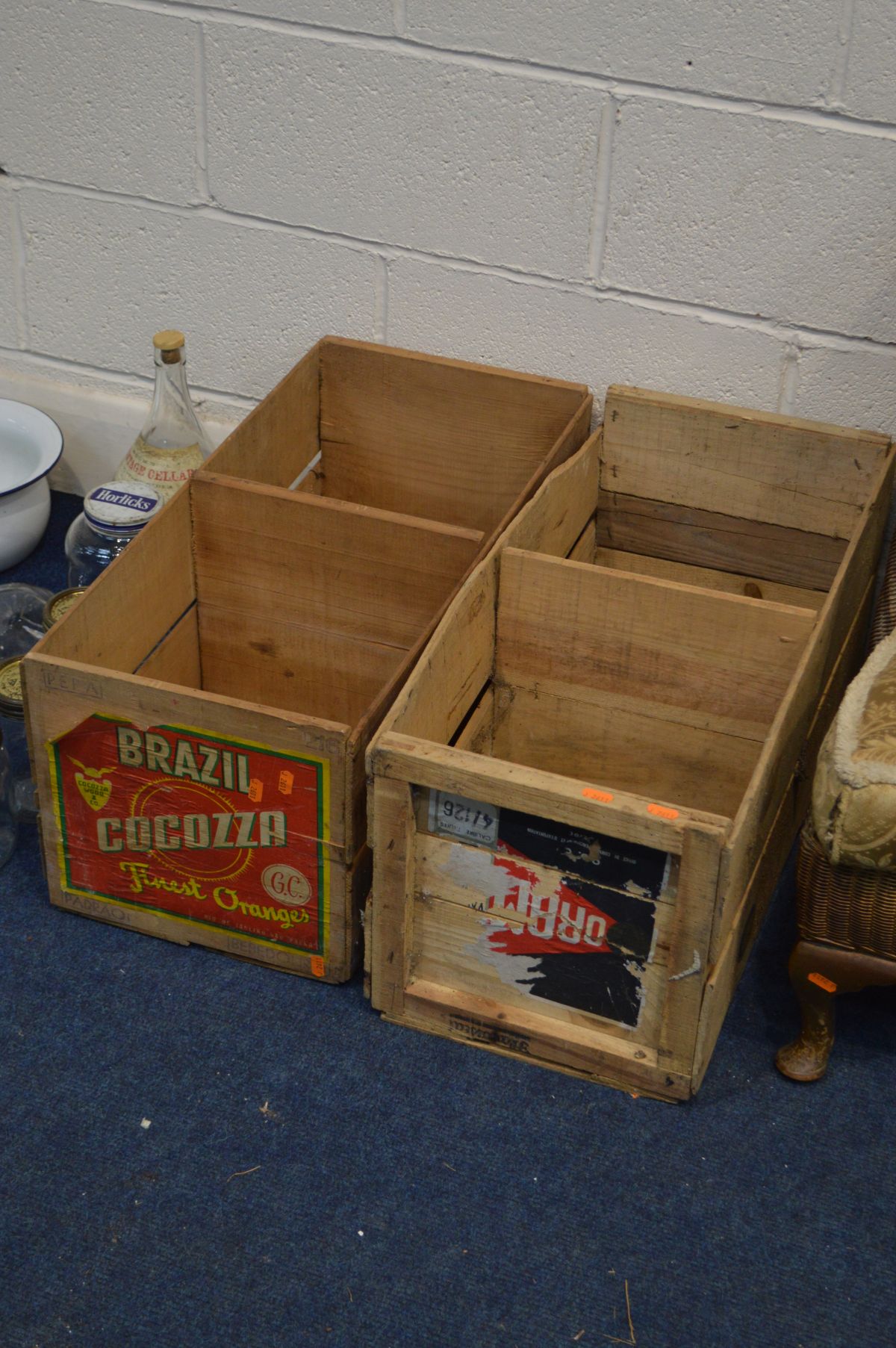 A PAIR OF LLOYD LOOM WICKER CHAIRS, and a linen basket, along with two wooden fruit crates, - Image 3 of 5