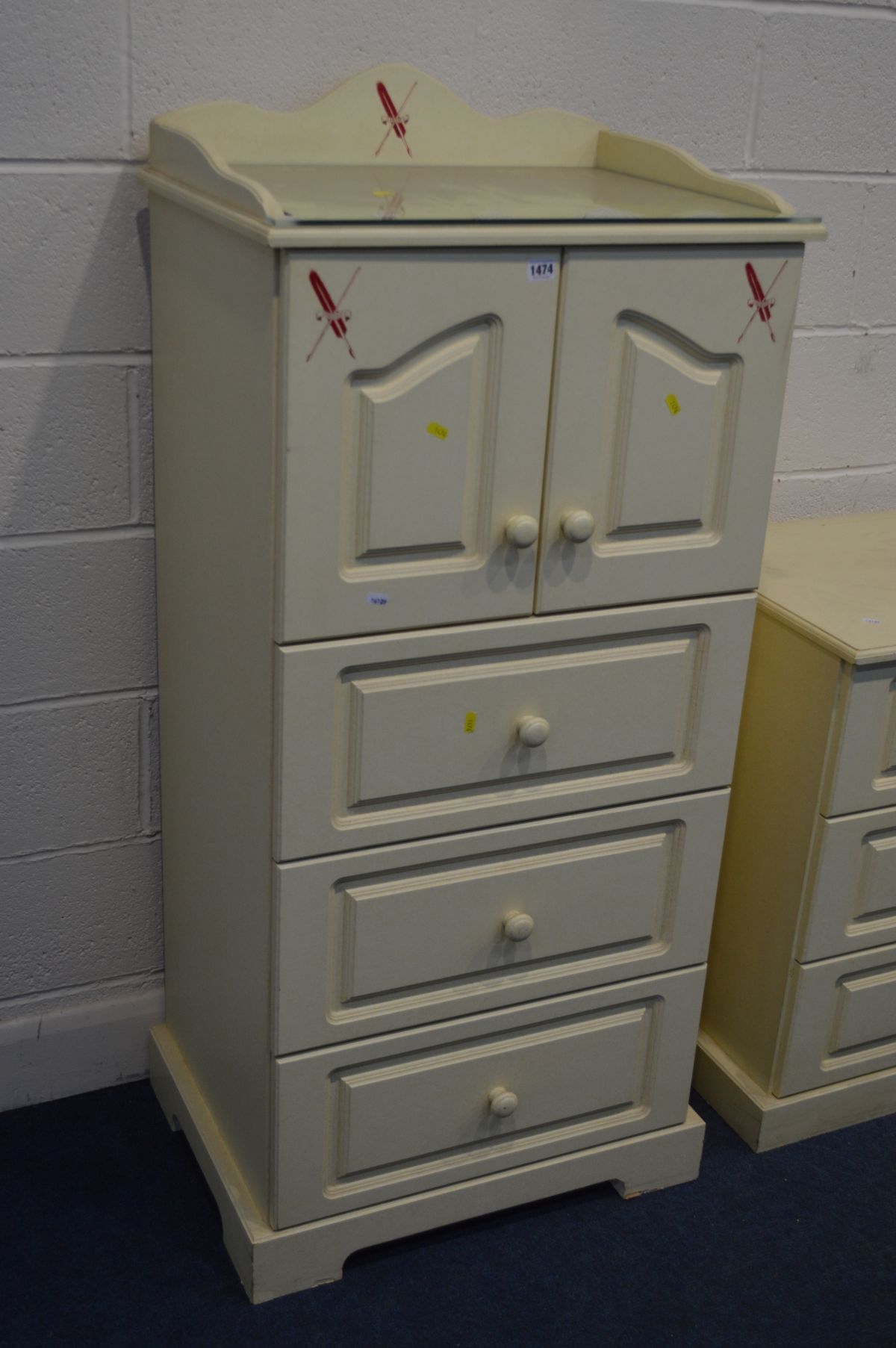 A MODERN TWO PIECE BABY CHANGING STORAGE CABINET, with double cupboard doors enclosing a slide, - Image 2 of 5