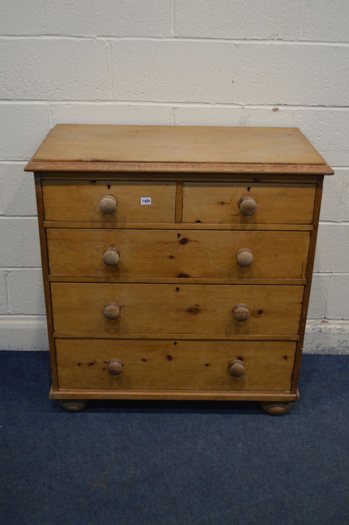 A VICTORIAN PINE CHEST OF TWO SHORT OVER THREE LONG DRAWERS, turned handles, on flat bun feet, width - Image 2 of 3