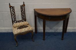 AN EDWARDIAN MAHOGANY DEMI LUNE HALL TABLE with a single drawer, width 92cm x depth 46cm x height