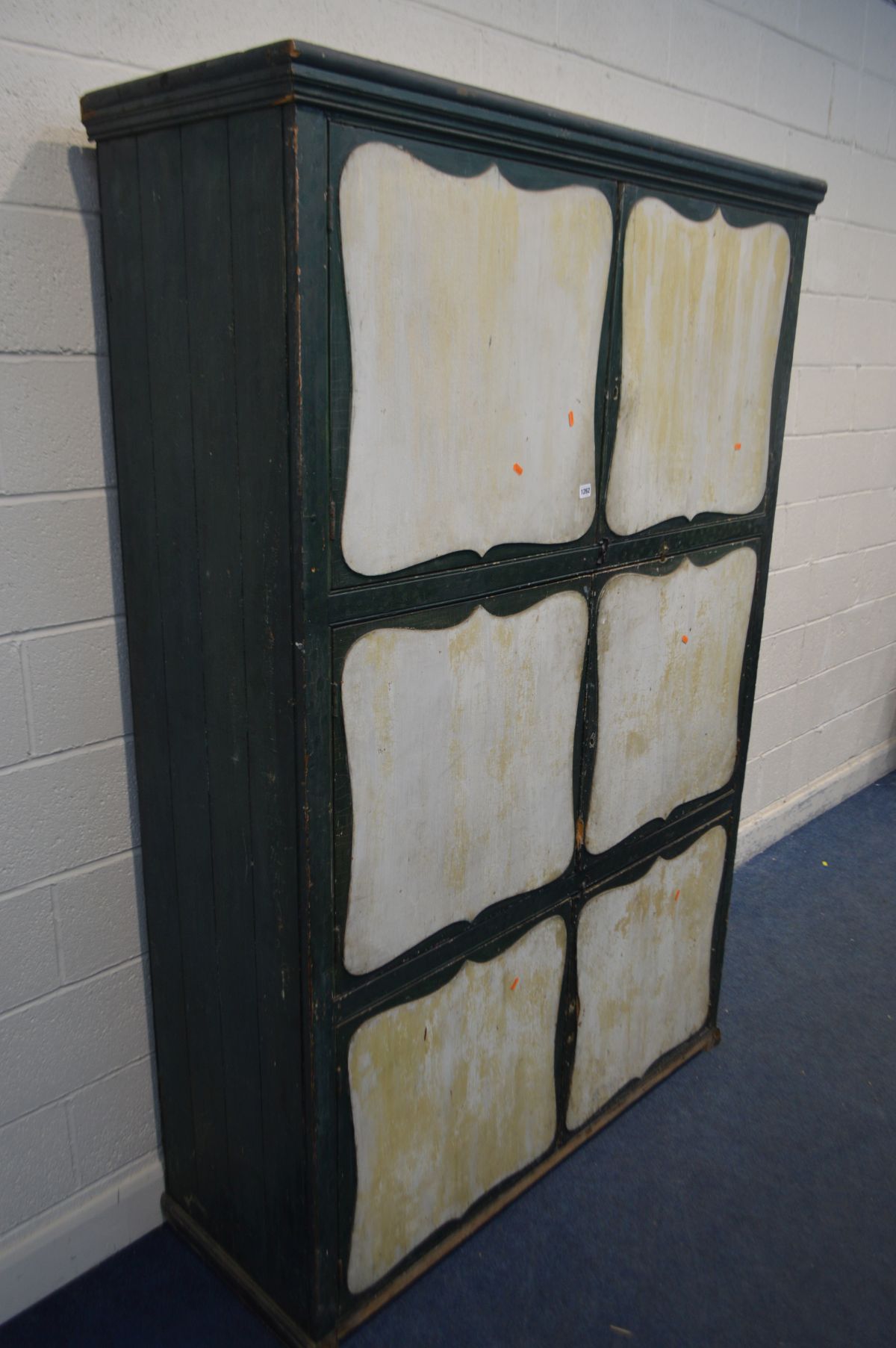 AN EARLY 20TH CENTURY GREEN PAINTED PINE HOUSE KEEPERS CUPBOARD,, with a fixed cornice, six doors - Image 2 of 4