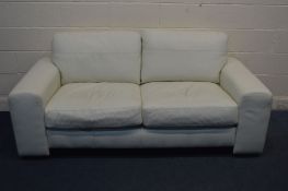 A NEXT CREAM LEATHER TWO SEATER SETTEE, width 195cm x depth 192cm (in need of cleaning)