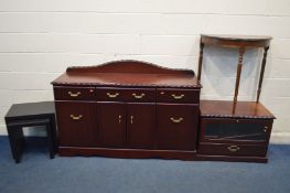 A MODERN MAHOGANY SIDEBOARD, width 152cm, along with a matching tv stand, a mahogany demi lune table