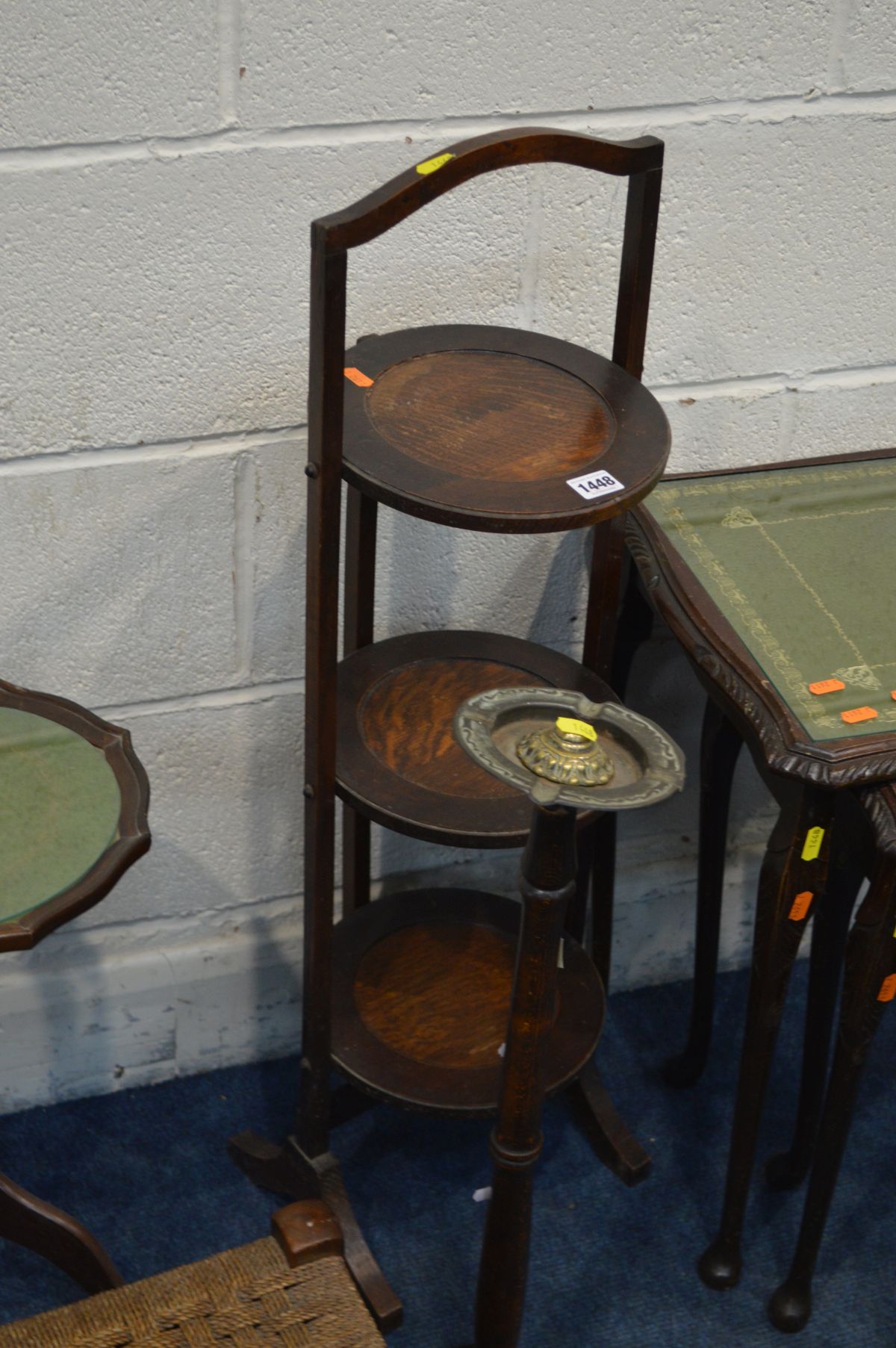 A QUANTITY OF OCCASIONAL FURNITURE, to include an oak folding cake stand, oak smokers stand (loose - Image 2 of 2