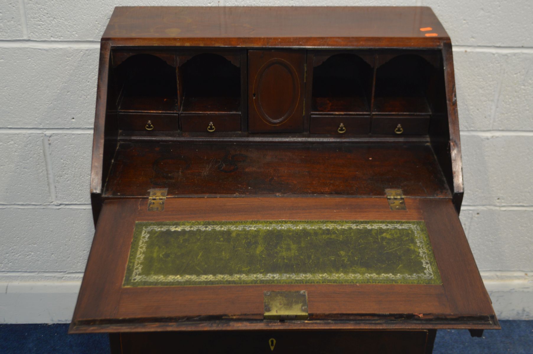 A MAHOGANY AND STRUNG INLAID BUREAU, constructed with old and newer timbers, with a fitted - Image 3 of 4