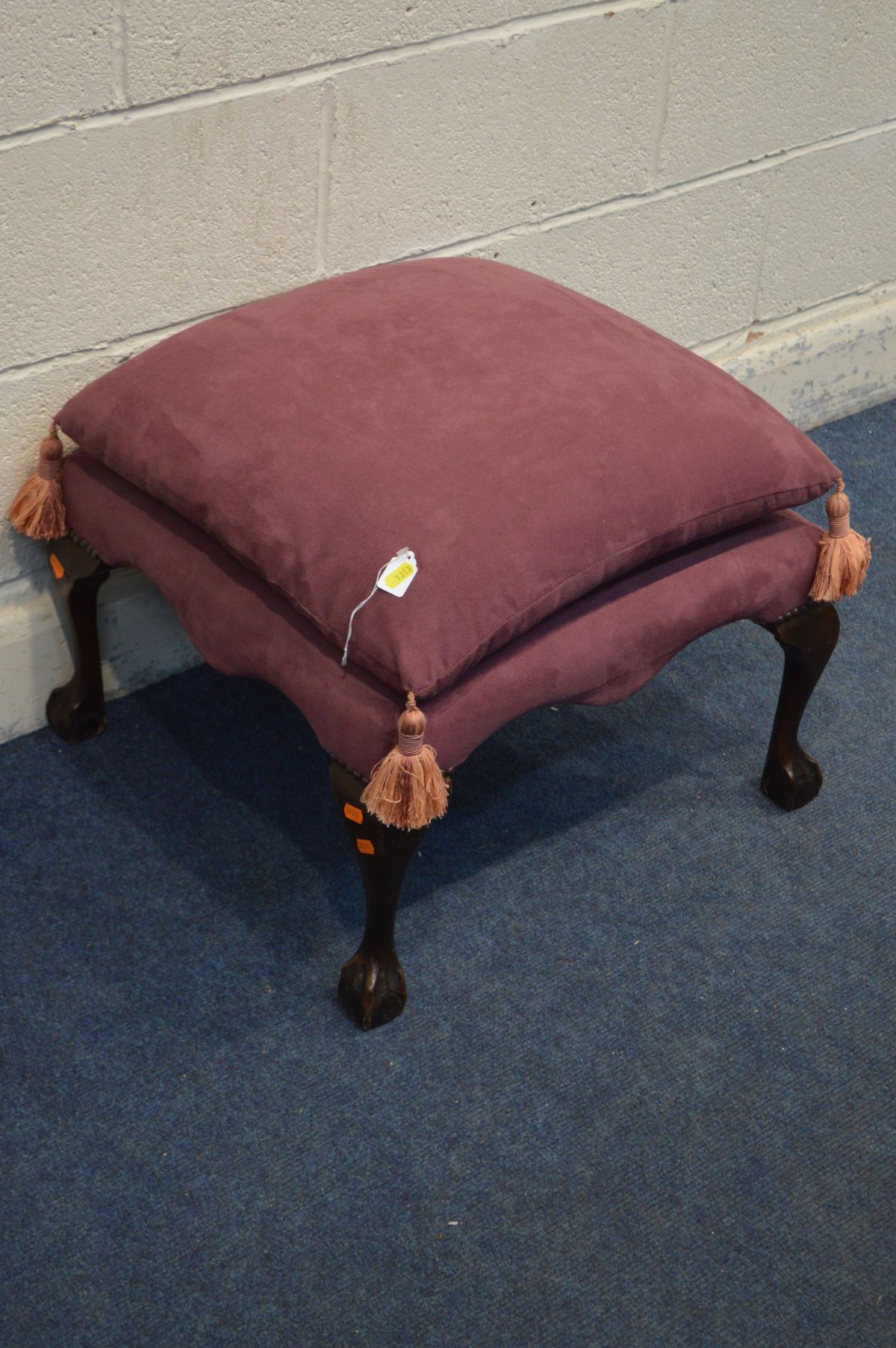 A VICTORIAN WALNUT OPEN ARMCHAIR with scrolled armrests, on turned front legs and brass casters, - Image 4 of 4