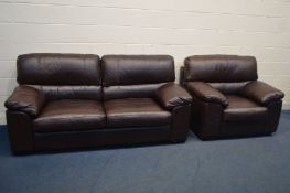 A GOOD QUALITY BROWN LEATHER TWO PIECE LOUNGE SUITE, comprising a two seater settee, 200cm x depth