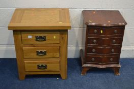 A GOLDEN OAK THREE DRAWER BEDSIDE CABINET, along with a small mahogany chest of four drawers (2)