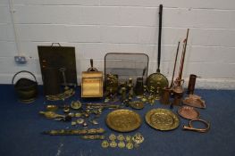 A LARGE QUANTITY OF BRASS AND COPPERWARE, to include a purdonium, log buckets, two firescreens,