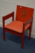 A RED STAINED PRINCE OF WALES INVESTITURE CHAIR, designed by Lord Snowdon, the back gilt imprinted