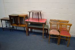 FOUR VARIOUS OCCASIONAL TABLES of various style and materials, a red Formica topped and beech