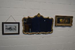 AN FOLIATE GILT ON METAL OVERMANTEL MIRROR, 105cm x 67cm along with a foliate giltwood framed oil on