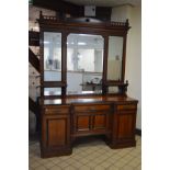 A LARGE LATE VICTORIAN WALNUT AND EBONISED BANDED MIRRORBACK SIDEBOARD, triple mirrored top and
