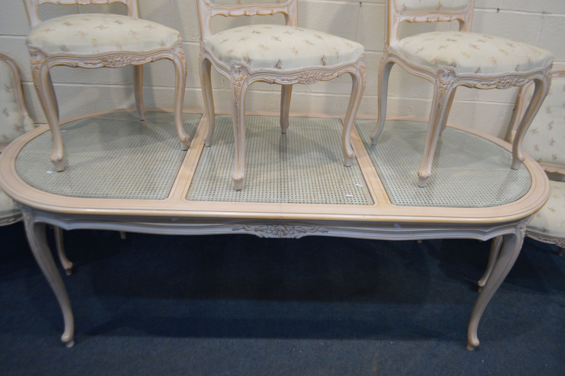 A BLEACHED FINISH ITALIAN STYLE DINING TABLE, with triple glass inserts above bergère detail, length - Image 4 of 5