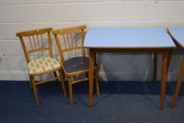 A PAIR OF MATCHING FORMICA TOPPED KITCHEN TABLES, width 92cm x depth 61cm x height 77cm and four