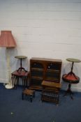 A MODERN MAHOGANY TWO DOOR BOOKCASE, four various modern mahogany occasional furniture to include