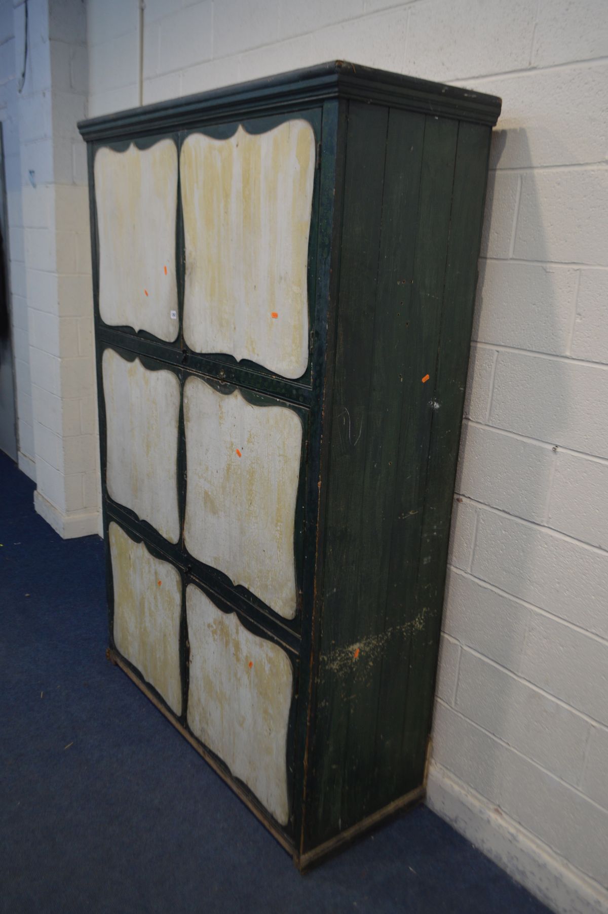 AN EARLY 20TH CENTURY GREEN PAINTED PINE HOUSE KEEPERS CUPBOARD,, with a fixed cornice, six doors - Image 3 of 4