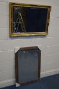 A 20TH CENTIRY FOLIATE GILTWOOD BEVELLED EDGE MIRROR, 88cm x 62cm and another mirror (2)