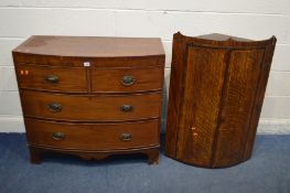 A GEORGIAN MAHOGANY AND CROSSBANDED BOWFRONT CHEST OF TWO SHORT OVER TWO LONG DRAWERS, on bracket