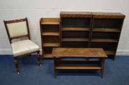 AN EARLY 20TH CENTURY OAK STOOL, length 91cm along with two oak finish open bookcase (Sd) a slim oak