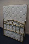 A SEALEY POSTUREPEDIC 4FT6 DIVAN BED, with drawers mattress and brassed headboard