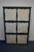 AN EARLY 20TH CENTURY GREEN PAINTED PINE HOUSE KEEPERS CUPBOARD,, with a fixed cornice, six doors