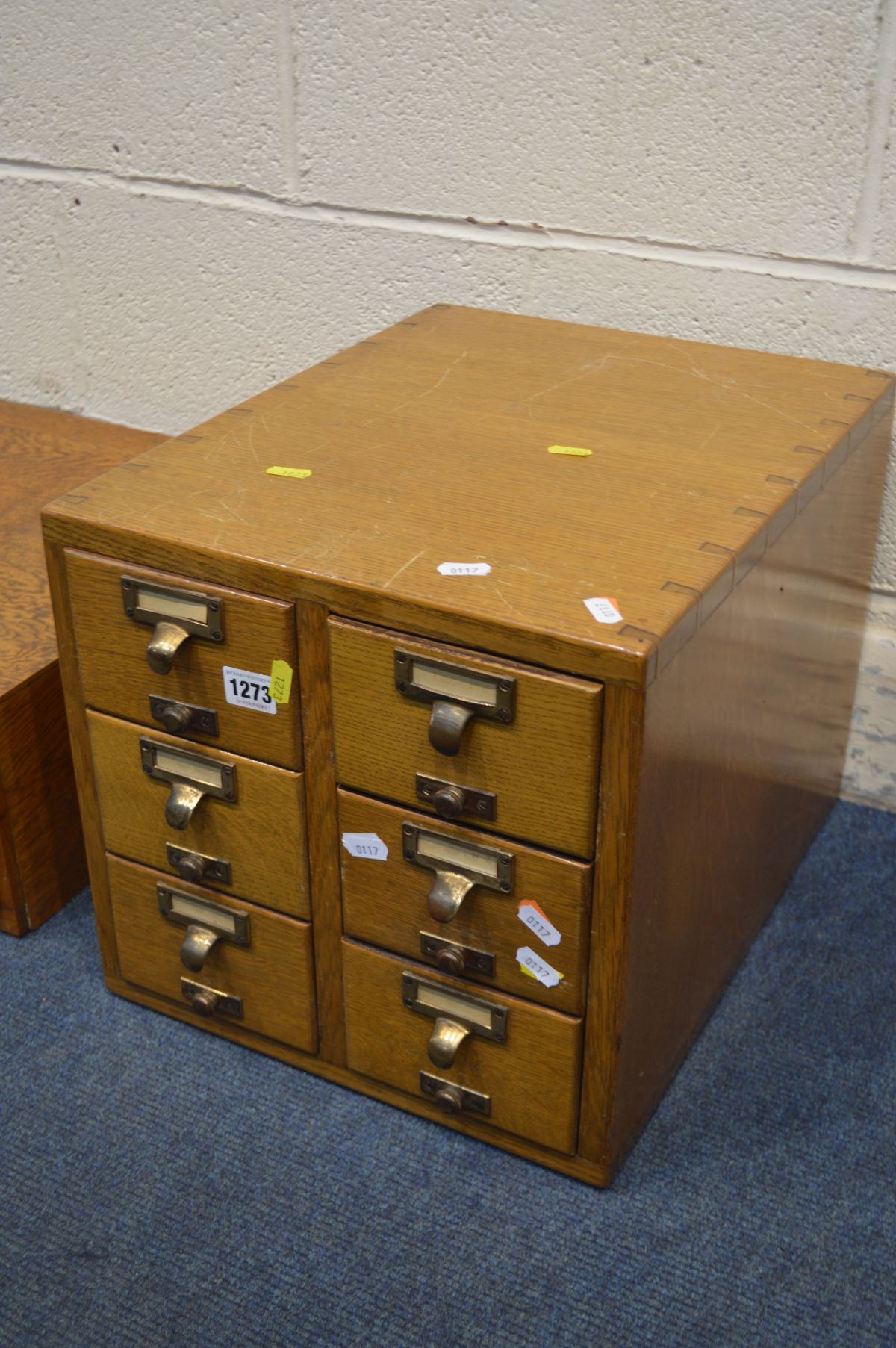 AN EARLY 20TH CENTURY GOLDEN OAK SIX DRAWER INDEX CABINET, width 35cm x depth 45cm x height 34cm and - Image 2 of 4