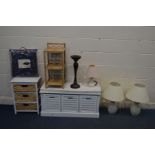 A PAIR OF MODERN CREAM CERAMIC TABLE LAMPS with shades, a modern white finish window seat with three