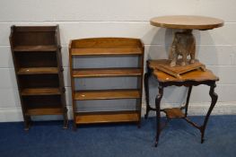 TWO VARIOUS OAK OPEN BOOKCASES, along with a mahogany elephant occasional table, and an Edwardian