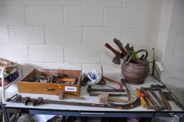 A TRAY AND A CAULDRON CONTAINING HANDTOOLS including a 3ft long unbranded sash cramp, various