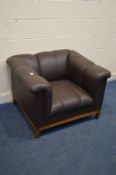 A MID 20TH CENTURY BROWN LEATHER TUB CHAIR, on a square rosewood finish frame, width 98cm x depth